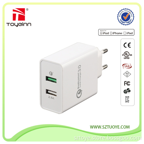 QC 3.0 wall charger for iPad/iPod/iPhone/smart phone USB power adapter